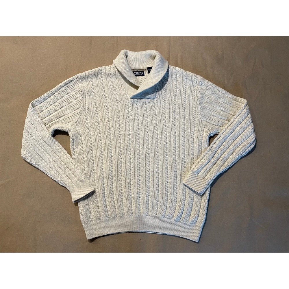 Chaps Men's Cable Knit Sweater XL Cream Shawl Collar Preppy 100% Cotton